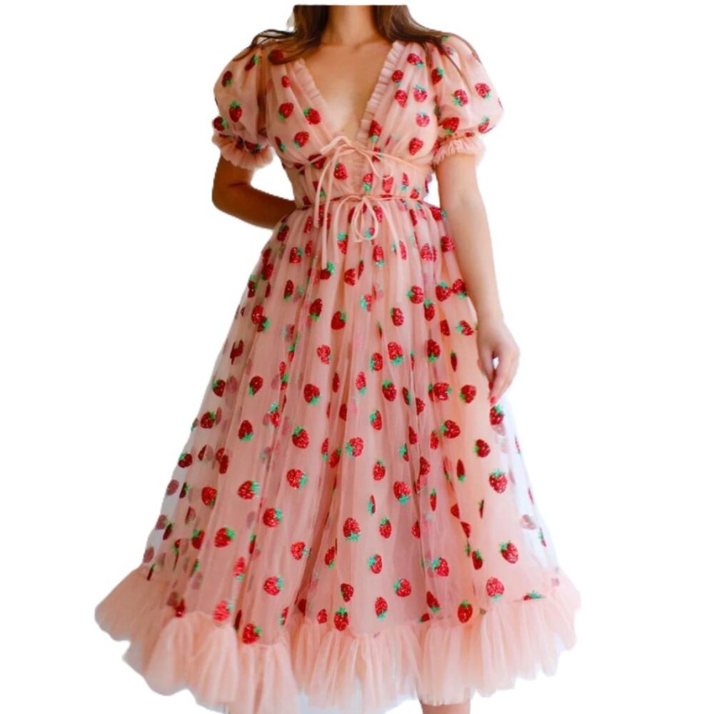 New Strawberry Dress Small Pink Red Sequin Ruffle Shear Flowy Sundress Swing